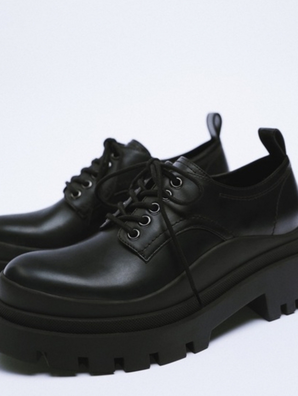Zara black patent leather lace-up chunky platform shoes size 37